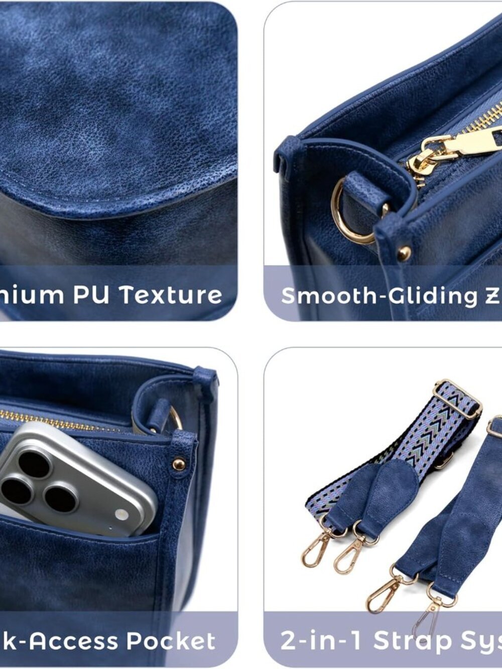 Women's Blue Imported Pu Leather 2 Adjustable Straps Zipper Crossbody Bag - Picture 3 of 7